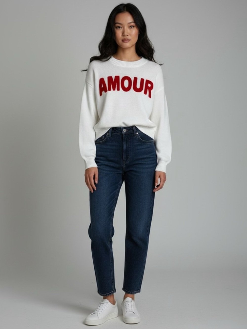 Sincerely Jules White And Red Amour Graphic Slouchy Knit Sweater